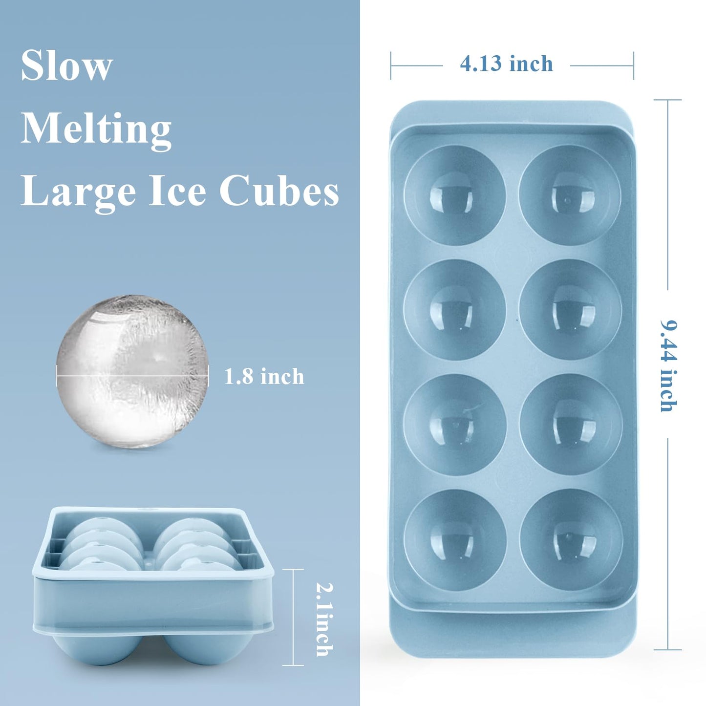 AIBIRUI Round Ice Cube Mold,8 PCS x 1.8 in Whiskey Ice Cubes,Circle Ice Cube Tray with Lid,Large Ice Ball Maker Mold Sphere Ice Cube,Large Ice Cube Molds for Cocktails,Coffee(Round Ice Cube Mold,Blue)