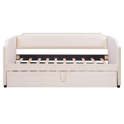 Merax Velvet Upholstered Daybed with Pop Up Trundle Twin to King Desigin, Twin Size Extendable Sofa Bed, Easy Assembly,No Box Spring Needed, Beige