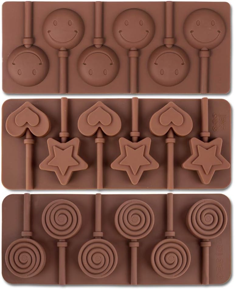 6 Cavity Silicone Lollipop Mold, Christmas Candy Mold, Round, Stars & Hearts, Bowknots, Smile Faces Shape, 5 PCS, 130