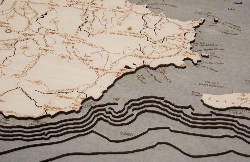 Puerto Rico 3-D Nautical Wood Chart, Grey Frame, 13.5" x 31"