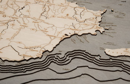 Puerto Rico 3-D Nautical Wood Chart, Grey Frame, 13.5" x 31"