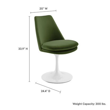 Modway Lippa Velvet Swivel Dining Side Chair in White Moss Green - Armless Accent Chair with Stain-Resistant Performance Velvet Upholstery - 360° Rotating Office Chair