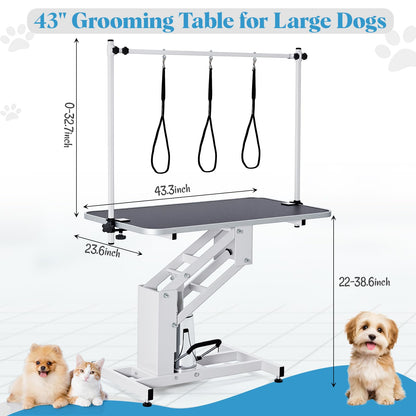 Garvee 43.3 in Hydraulic Pet Grooming Table, Professional Hydraulic Grooming Table w/Max 350 LBS Loading Capacity, 3 Adjsutable Nooses, Adjustable Height Range 22 in -39 in