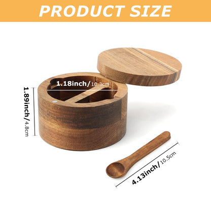 Velarionna Wood Salt and Pepper Bowl, AcaciaWood Salt Cellar with Built-in Spoon and Magnetic Swivel Lid, Container Holder to Storage Pepper Spice(SIZE:L)
