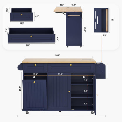 ComfyCorner 60" Rolling Large Kitchen Island on Wheels with Extendable Table, Drop Leaf & Power Outlet, Mobile Kitchen Cart with Storage Cabinet, 2 Drawers, Spice Rack, Towel & Knife Holder, Blue