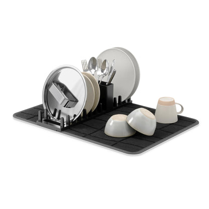 Umbra UDry Dish Drying Rack with Mat – Kitchen Countertop Dish Drainer & Absorbent Microfiber Drying Mat, Foldable Dish Rack Organizer for Plates, Cups & Utensils, Black