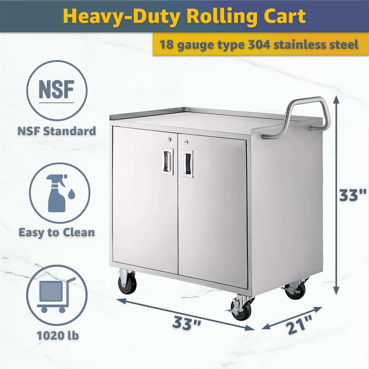 21" x 33" Commercial NSF Stainless Steel Utility Cart - 3 Shelf Enclosed Base with Locking Doors, Heavy-Duty Service Cart on Wheels for Kitchens and Catering