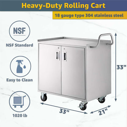 21" x 33" Commercial NSF Stainless Steel Utility Cart - 3 Shelf Enclosed Base with Locking Doors, Heavy-Duty Service Cart on Wheels for Kitchens and Catering