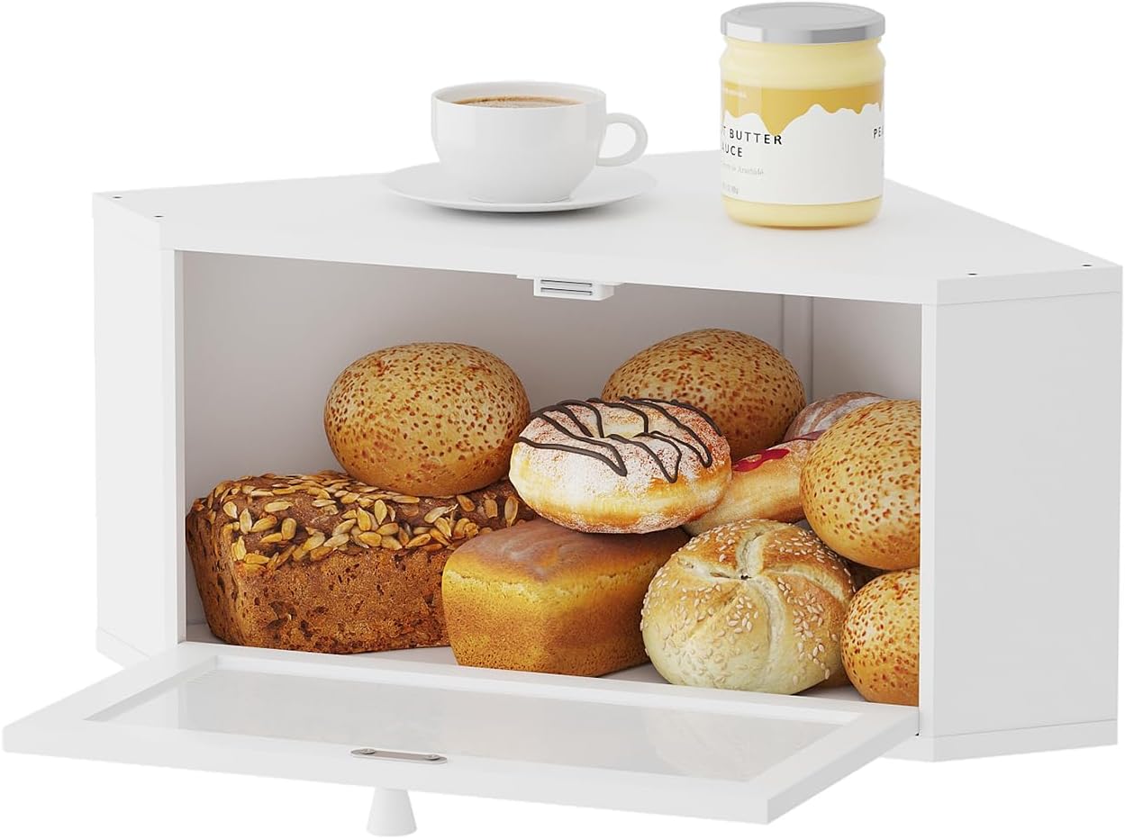 kiplant Countertop Corner Bread Box for Kitchen - Bamboo Wood, Wavy Acrylic Door, Bread Storage Container, Large Bread