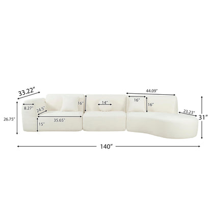Merax 140" Curved Polyester Sectional Sofa Set, Modern Cloud Couch with Chaise Lounge & 3 Pillows, Fully Assembled for Living Room, Beige