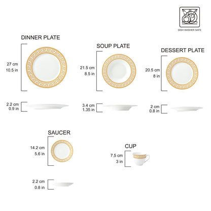 HOMEHUT 120-Pieces Vintage Gold Dinnerware and 18/10 Premium Stainless Steel Silverware Flatware Set - Greek Key Gold HQ Fine China Tableware Service for 12 People