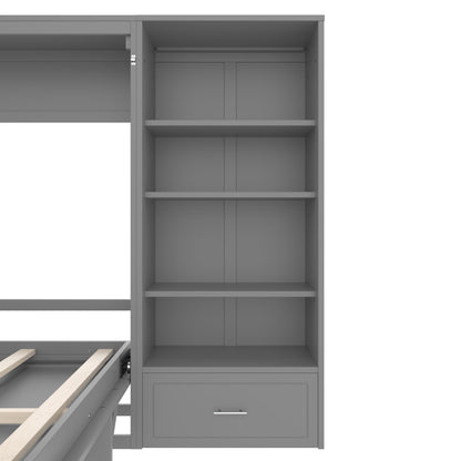 Merax Queen Murphy Bed with 3 Height Adjustable Storage Shelves & 1 Drawer, Wall Bed Frame Multifunctional Foldable Platform Bed for Small Space, Bedroom, Guest Room, Bear 500LBS (Gray)