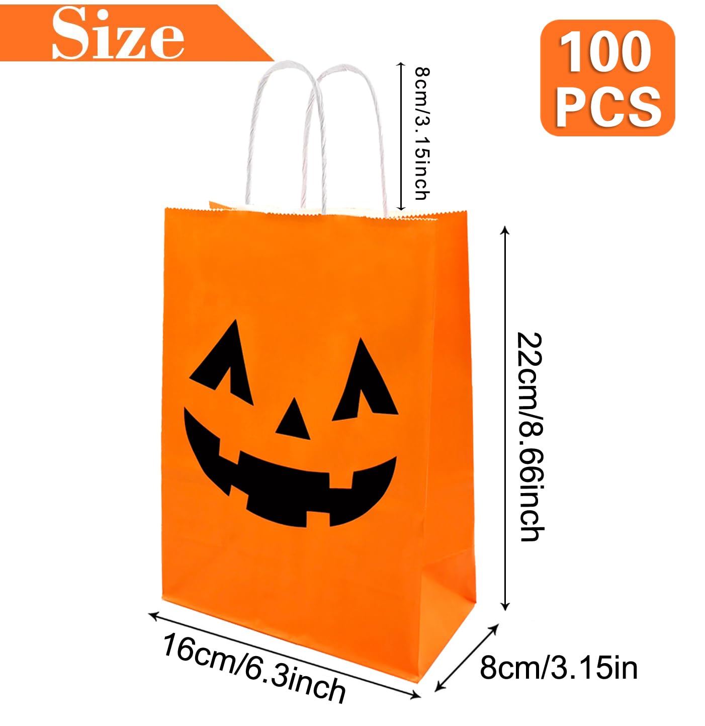 100 Pieces Halloween Pumpkin Gift Bags Trick or Treat Kraft Paper Candy Goodie Bags with Handle for Halloween Party Favors Supplies