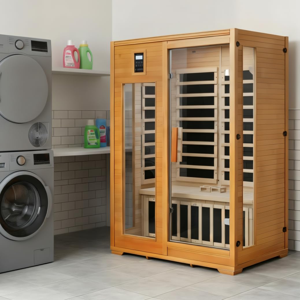 EAGLE PEAK 2 Person Low EMF Far Infrared Sauna, Red Light and Chromotherapy Lighting, Bluetooth Speakers, USB Port, Indoor Dry Heat Sauna, Canadian Hemlock Wood, Brown