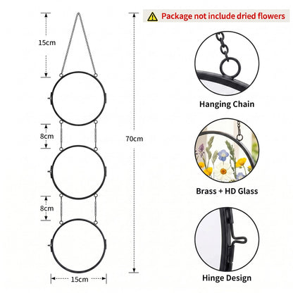 FOCHIER F Linked Round Pressed Flower Frame with Chain, Brass Double Glass Floating Picture Frame for Dried Flowers, Botanical DIY Display, Dynamic Hanging Wall Decor, Aesthetic Gift for Women