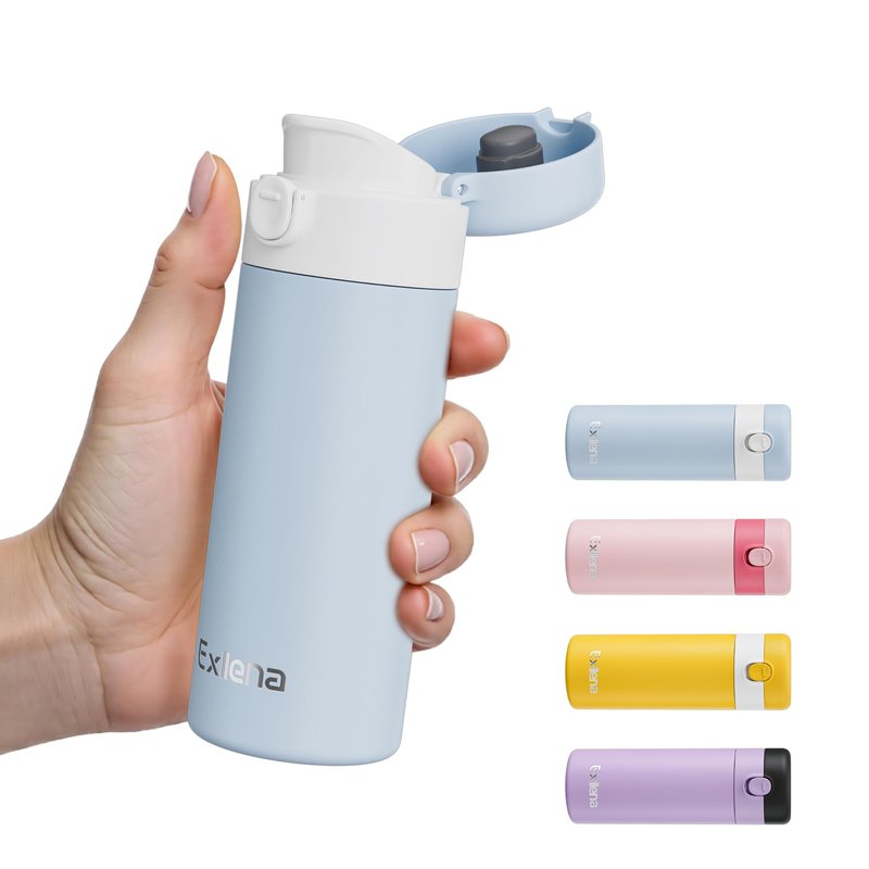 Exllena Small Insulated Water Bottle with Push-Button Lid – 7.5oz/220ml Mini Flask, Leakproof Mini Water Bottle for Coffee, Milk, Travel, School & Office Use(Blue & White)