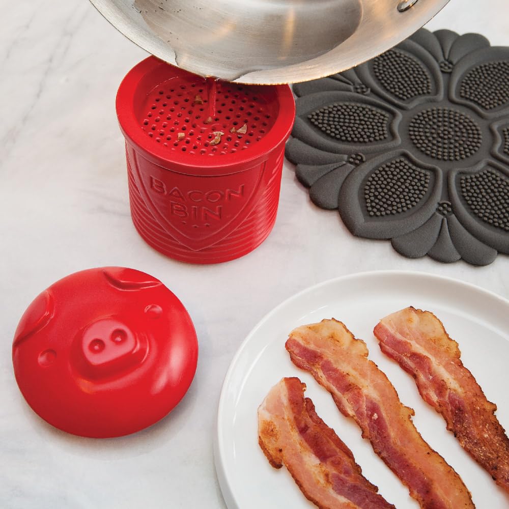 Talisman Designs Bacon Bin Grease Strainer & Collector | Family Friendly Kitchen Tools | Fun & Functional Silicone Grease Container | Holds up to 1 Cup | Red