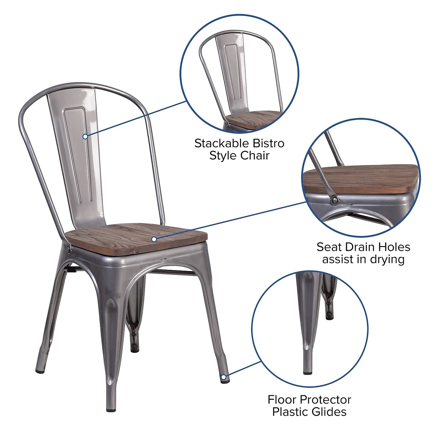 Flash Furniture Lincoln 4 Pack Clear Coated Metal Stackable Chair with Wood Seat