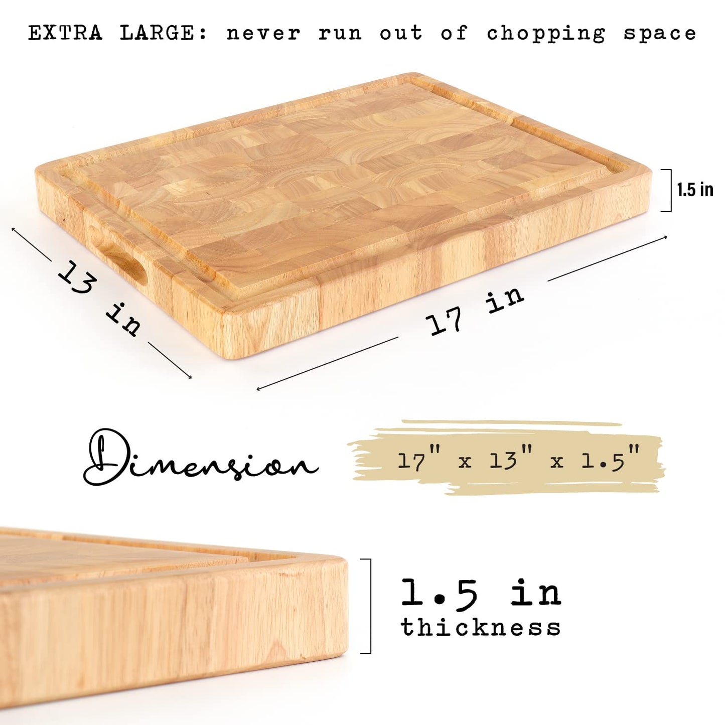 End Grain Cutting Board, Extra Large & Thick, End Grain Built-In Compartment and Juice Canal, Heavy Duty Chopping Board, Thick Carving Board for Bread Fruits Meat (17x13 Inches)