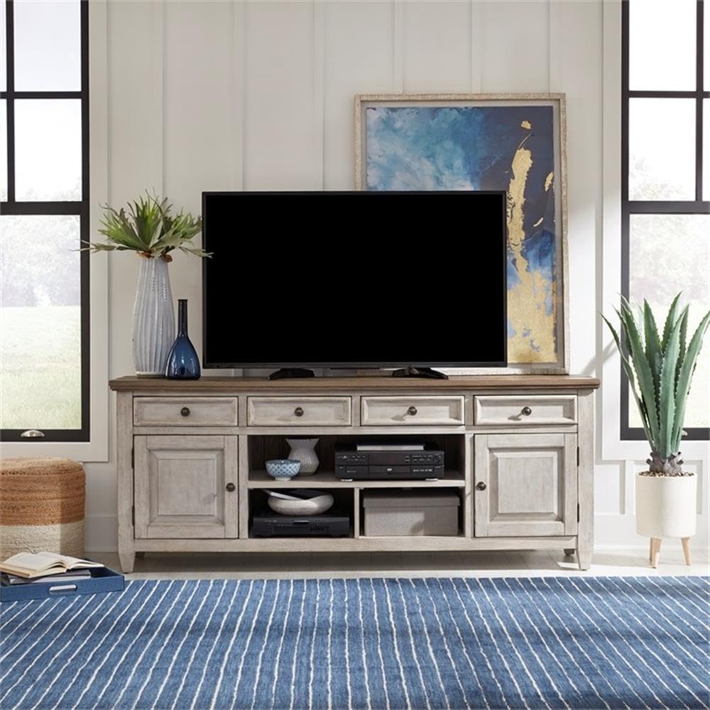 Liberty Furniture Heartland 76 Inch Tile TV Console for Living Room - Antique White with Tobacco Tops
