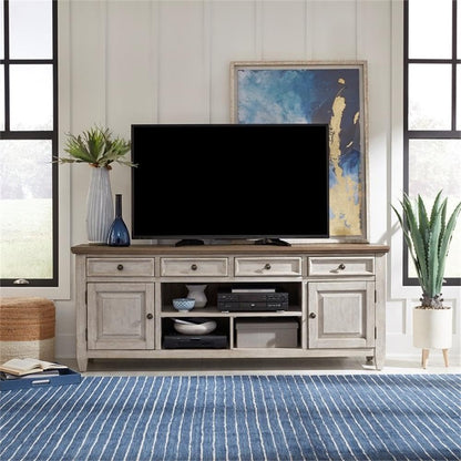 Liberty Furniture Heartland 76 Inch Tile TV Console for Living Room - Antique White with Tobacco Tops