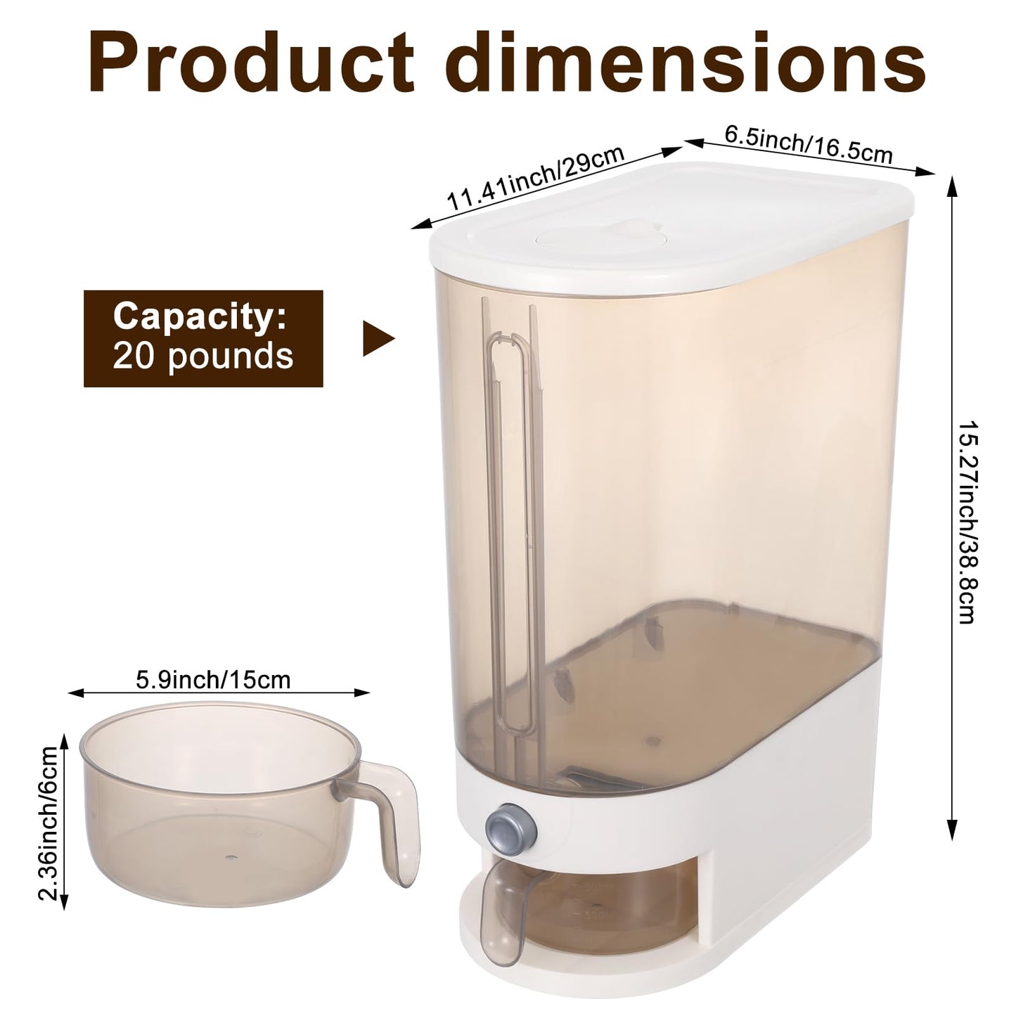 FMOACEN 22 Lbs Rice Dispenser with Measuring Cup Large Airtight Cereal Dispenser Multifunctional Dry Food Storage Container for Rice Grains Soybean Corn Kitchen Pantry Organization