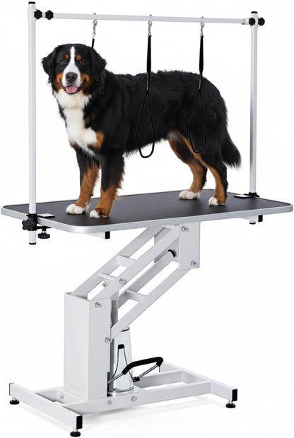 GarveeHome 43.6 in Pet Grooming Table for Large Dogs, Heavy Duty Height Adjustable Dog Grooming Table With Overhead Arm & Noose Height Range 22 in -39 in, Maximum Capacity Up to 350 LBS, White