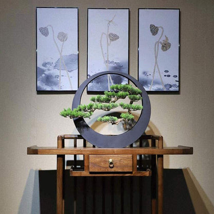 Artificial Bonsai Tree Potted Plant Ornament /Welcome Bonsai New Chinese-style Light Luxury Artist Home Decoration Zen Ornaments Artificial Welcoming Pine Wrought Iron Bonsai Living Room Porch Club A