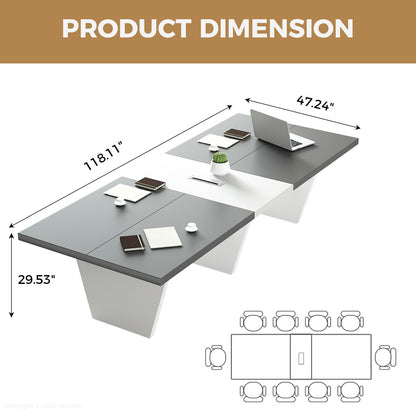 Nuipesn 10-ft Rectangular Conference Table, 119" Modern Boardroom Table for 10-12 People, 2" Thick Top with Center Cable Grommet, Two-Tone Dark Gray & White
