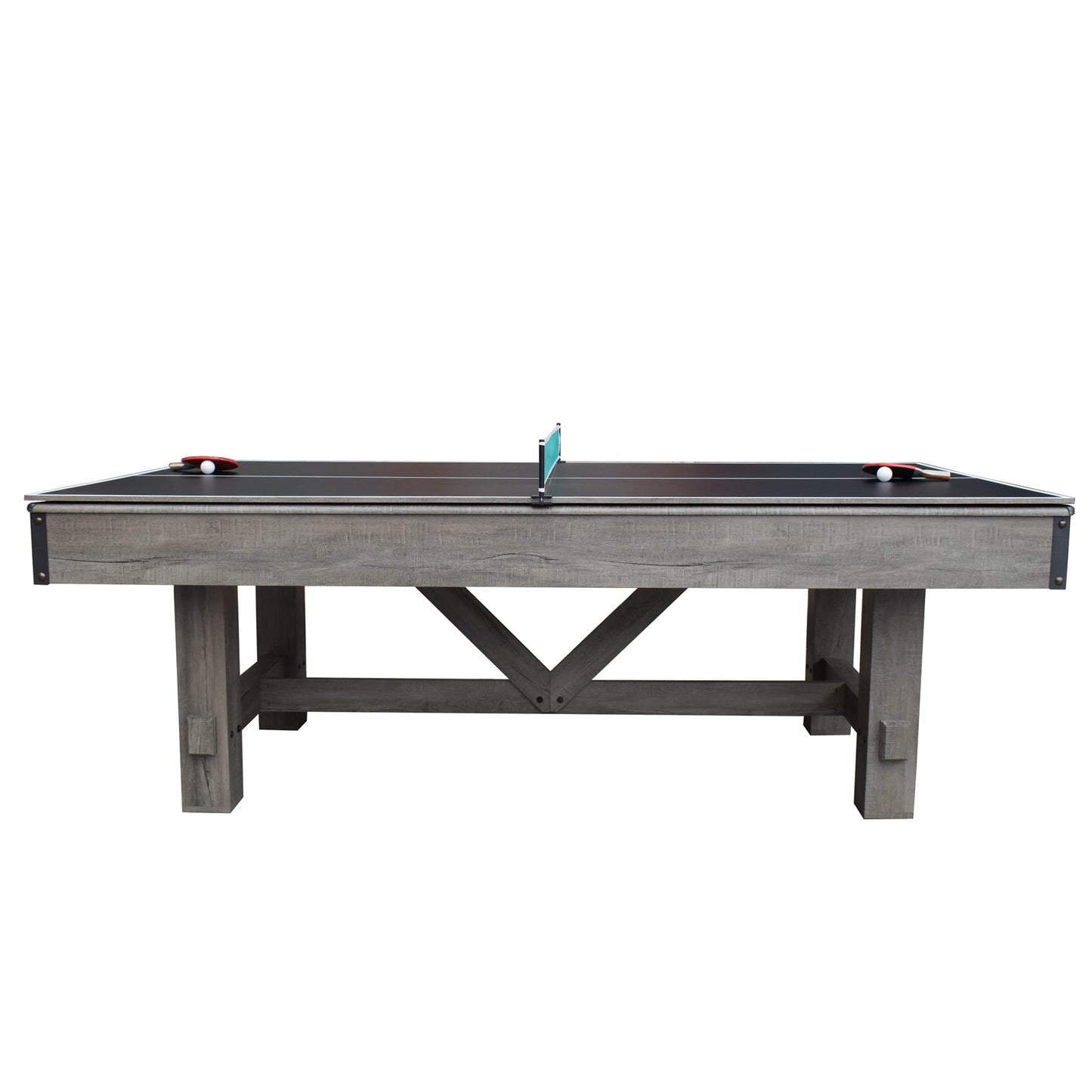Hathaway Logan 7 Foot Pool Table Combo with Benches – Billiard Table with Ping Pong and Dining Tops – Comes with Complete Game Accessories and Built-In Storage - Rustic Gray Barnwood Finish, Blue Felt