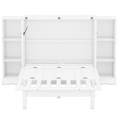 Merax Murphy Bed Queen Size Cabinet with Storage 2 Drawers 6-Layer Shelves and USB Ports, Wood Versatile Platform Bed Frame