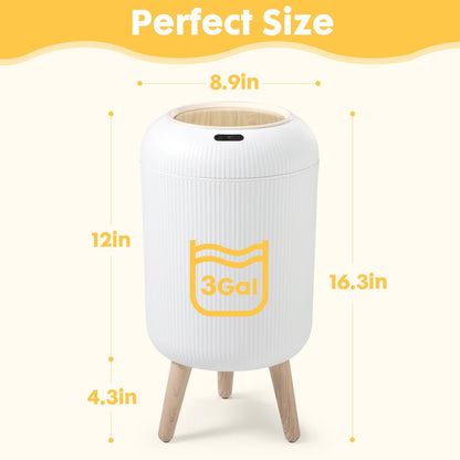 onlcuk Automatic Motion Sensor Bathroom Trash Can with Lid, 3 Gallon / 11L Touchless Trash Garbage Bin with Removable Legs for Kitchen, Bedroom, Office, Small Trash Cans Trashcan Wastebasket-White