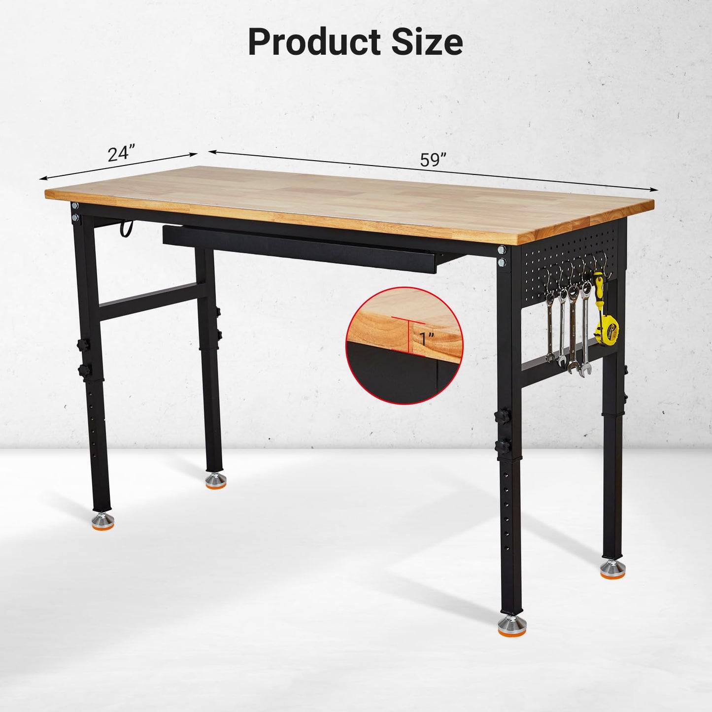 60"X24" Heavy Duty Workbench with Drawer, 29.5"-39.4" Adjustable Height, Rubber Wood Table with Lockable Wheels & Power Outlets for Garage, Workshop, Office - 2200 Lbs Capacity