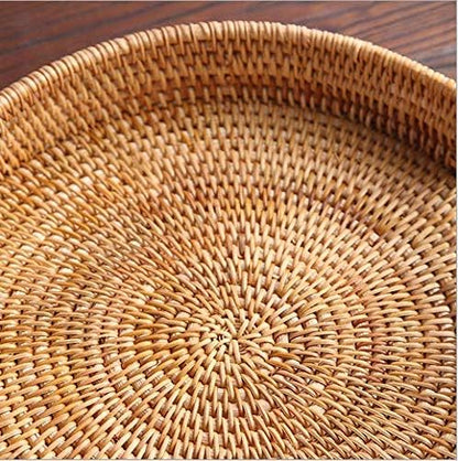 YANGQIHOME Rattan Round Serving Tray - Decorative Coffee Table Tray, Hand Woven Serving Basket with Handles