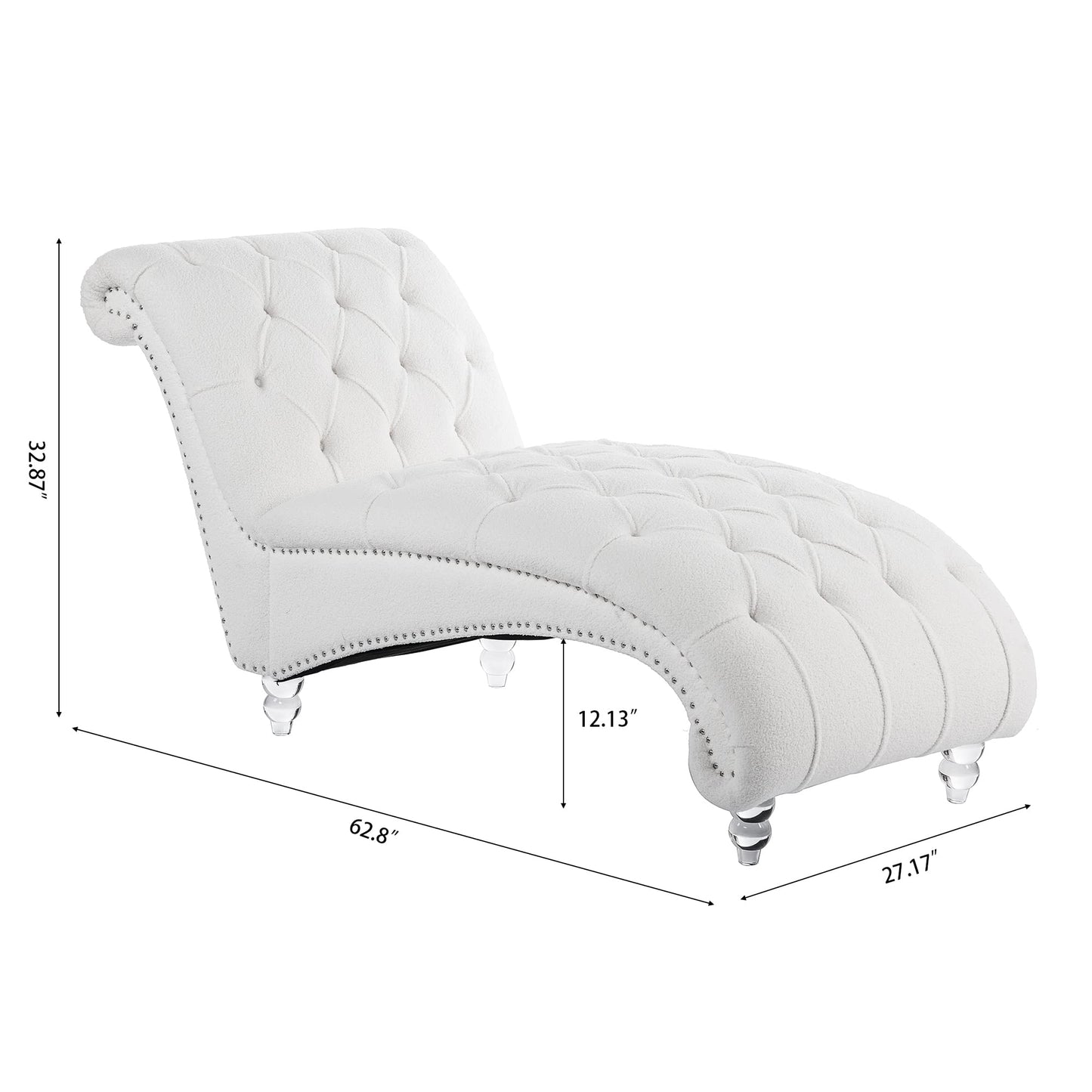 KEIKI Tufted Armless Chaise Lounge Chair, Velvet Lounge Chair with Solid Wood Leg, Upholstered Chaise for Living Room Bedroom Small Space Office Study, White