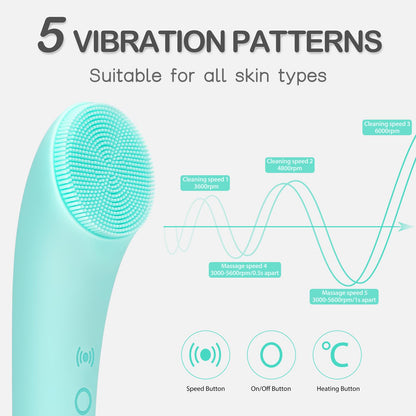 PRITECH Facial Cleansing Brush, Rechargeable Silicone Face Scrubber with Heat Massage End, Vibrating Exfoliator Scrubber for Deep Cleaning, Waterproof Face Brush for Women and Men (Pink)