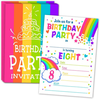 ukebobo Rainbow Happy Birthday Party Invitations for Child’s 8th Birthday – 20 Colorful Cards with Envelopes