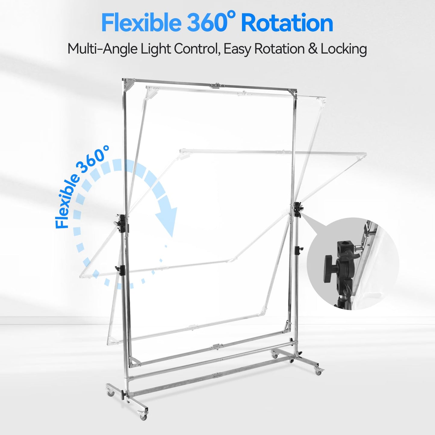 WELLMAKING 79x59 inch Professional Photography Light Diffuser Screen - 360° Rotatable Frame, Quick Setup, Adjustable Stand with Casters for Studio Portrait Video Shooting, White, Silver, Black