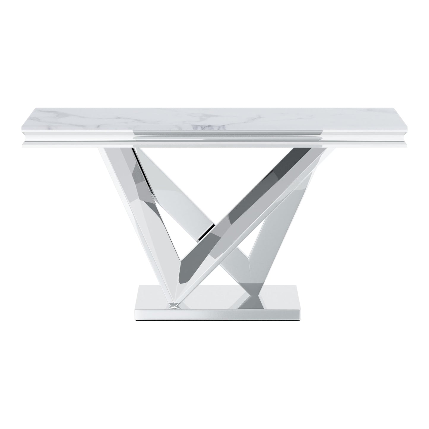 Furniture of America Namai 25mm Faux Marble Top Rectangle Sofa Table with Metal Construction and V-Style Pedestal, Home Décor for Living Room, Entryway, Hallway, Office, Corridor, Chrome