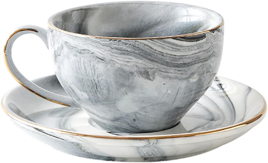 FUYU Gold Edge Marble Ceramic Espresso Coffee Cup and Saucer Set, Tea Cup