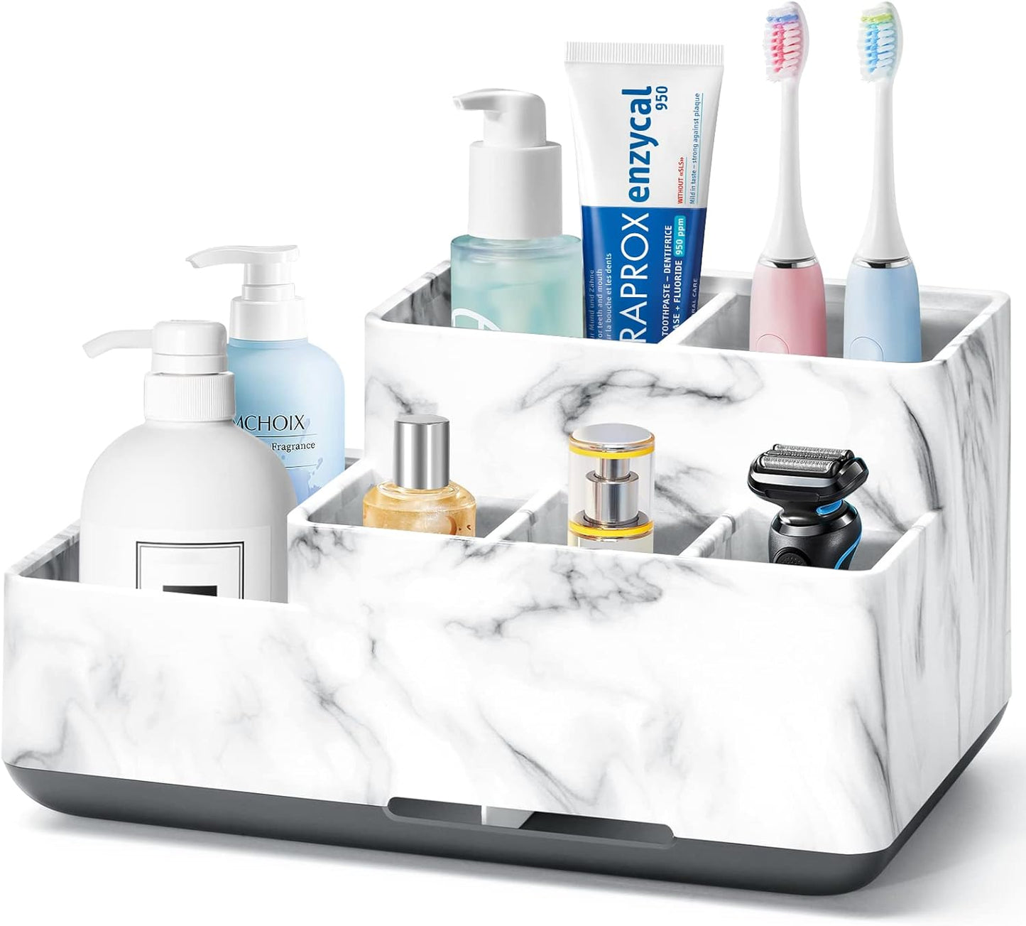 Electric Toothbrush Holder for Bathroom, White Marble Pattern Vanity Organizer Tray, Kids Desk Storage Compartment