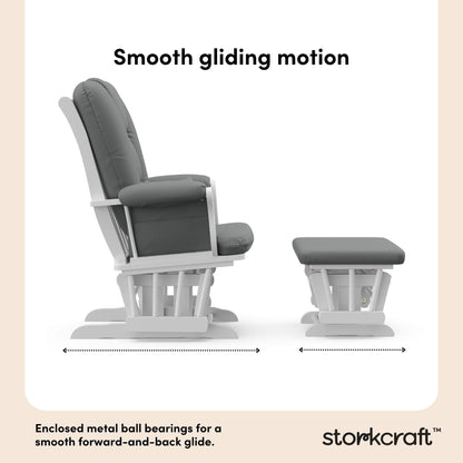 Storkcraft Tuscany Custom Glider and Ottoman with Free Lumbar Pillow (White/Grey) - Cleanable Upholstered Comfort Rocking Nursery Chair with Ottoman