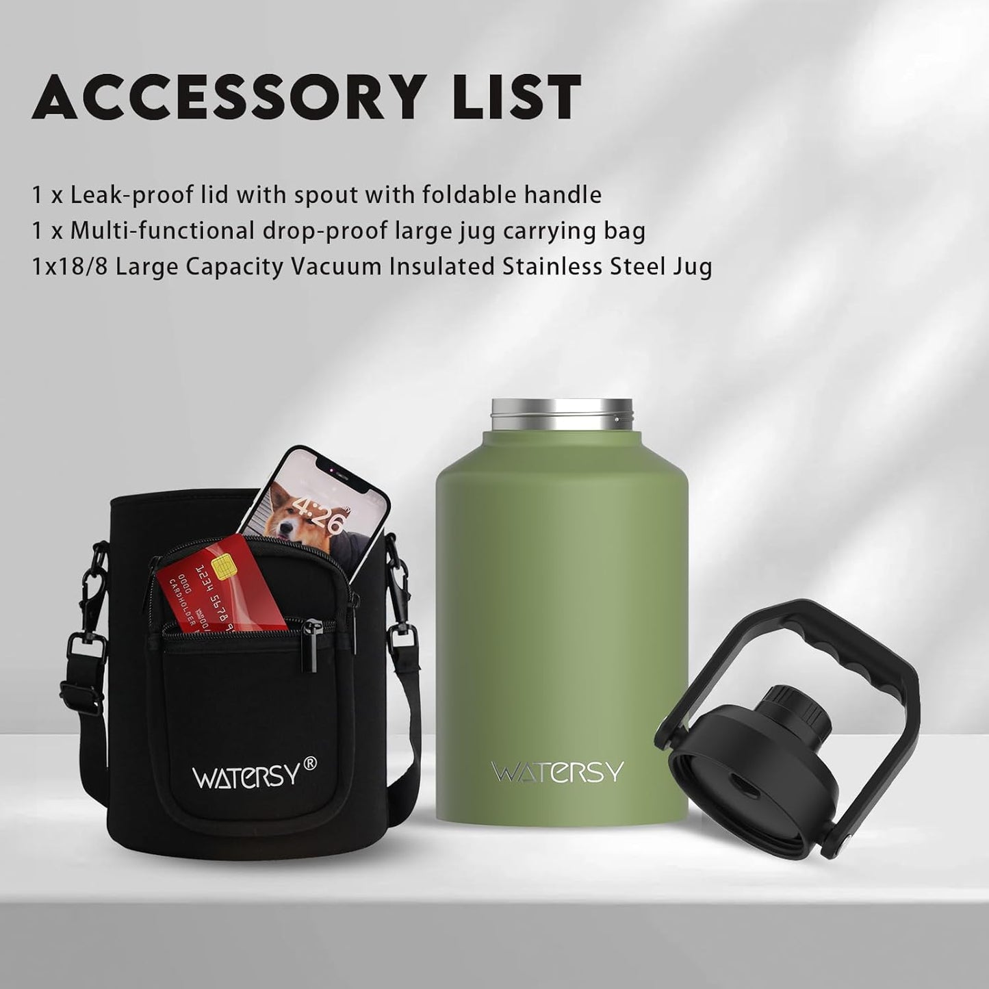 48 Proof,64oz WATERSY Half Gallon Water Bottle Insulated(Cold for Hrs),BPA Free&Leak Stainless Steel Water
