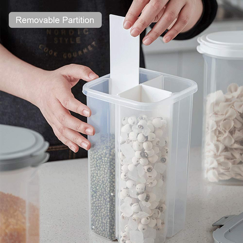 WINIAER Airtight Cereal Storage Container, Clear 2.3L Airtight Kitchen Food Storage Container with Lids and Compartments for Grain, Sugar, Flour, Rice, Nuts, Snacks
