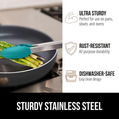 GORILLA GRIP Stainless Steel Heat Resistant Kitchen Tongs for Cooking, 9 + 12 Inch, Set of 2 BBQ Tong, Non Scratch Silicone Tip for Pan, Strong Grip, Grab Food, Toss Salad, Air Fryer, Pull Lock, Black