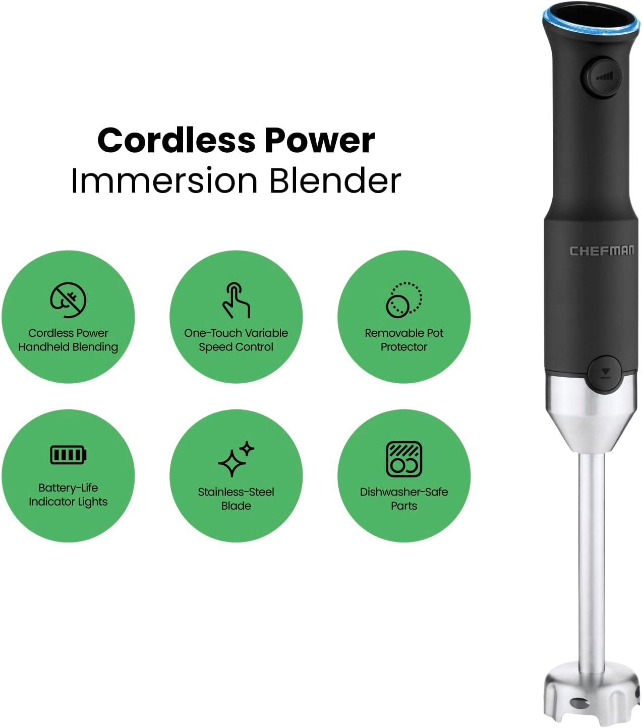 Chefman Cordless Power Portable Immersion Blender, Ice Crushing Power with One-Touch Speed Control, USB Charging,