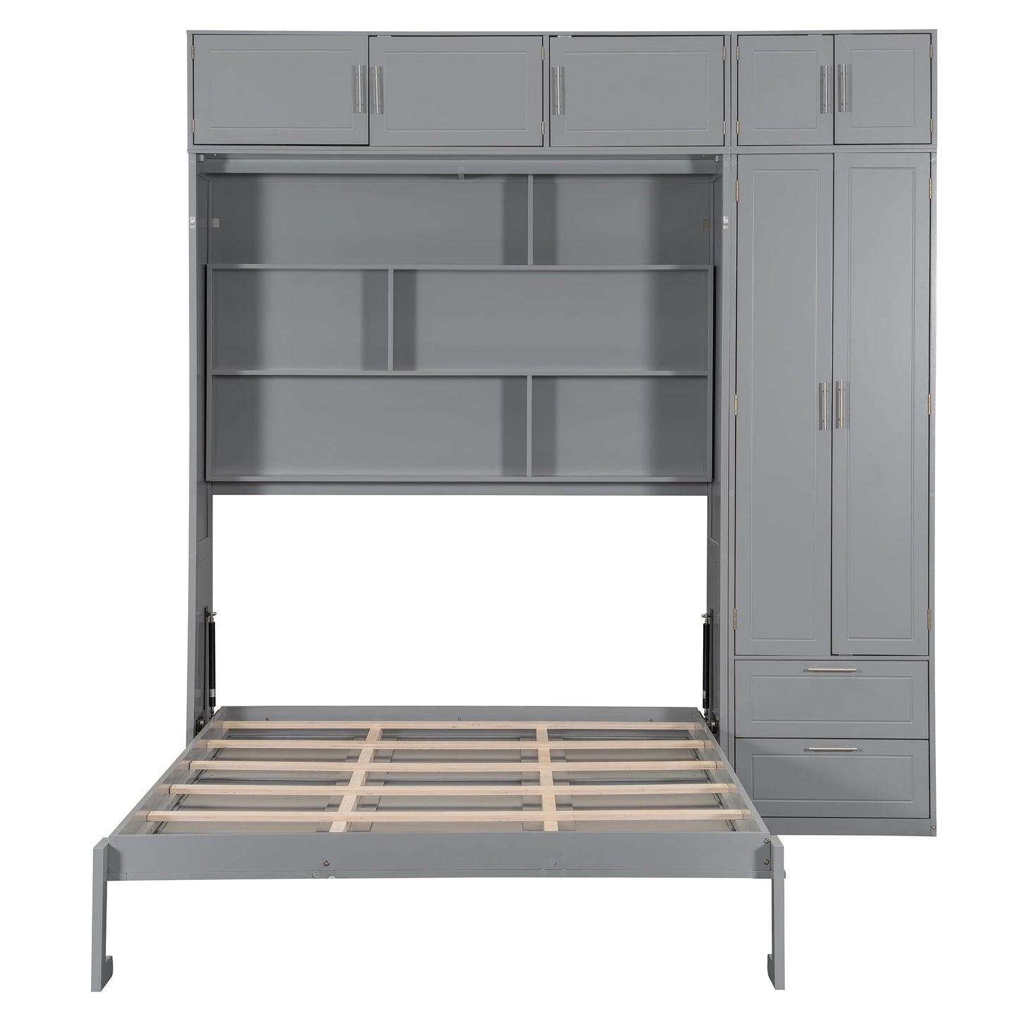 Merax Queen Size Murphy Bed with Shelves, Top Cabinet and Wardrobe, Fold into The Wall, Multifunctional Foldable Platform Bed Frame for Bedroom, Guest Room, Home Office, Space-Saving Design, Gray