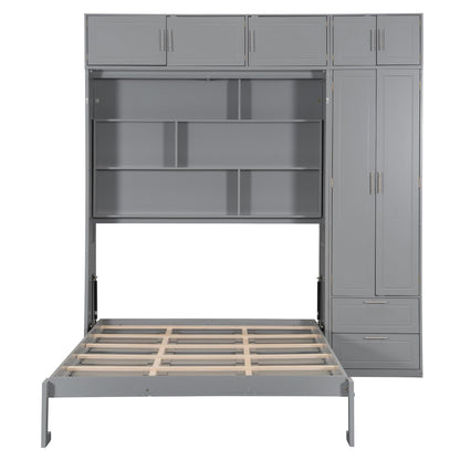 Merax Queen Size Murphy Bed with Shelves, Top Cabinet and Wardrobe, Fold into The Wall, Multifunctional Foldable Platform Bed Frame for Bedroom, Guest Room, Home Office, Space-Saving Design, Gray