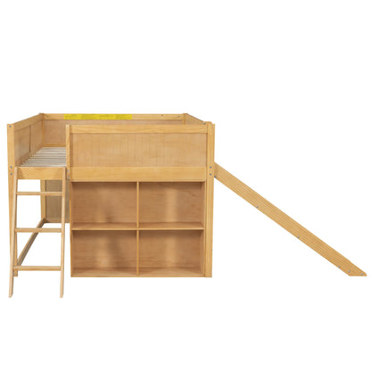 Merax Full Size Loft Bed with Slide & Stairs, Low Loft Bed for Kids, Solid Wood Bed Frame with Storage Shelve, Guard Rails, Slat Support & Under-Bed Play Space, No Box Spring Needed, Natural