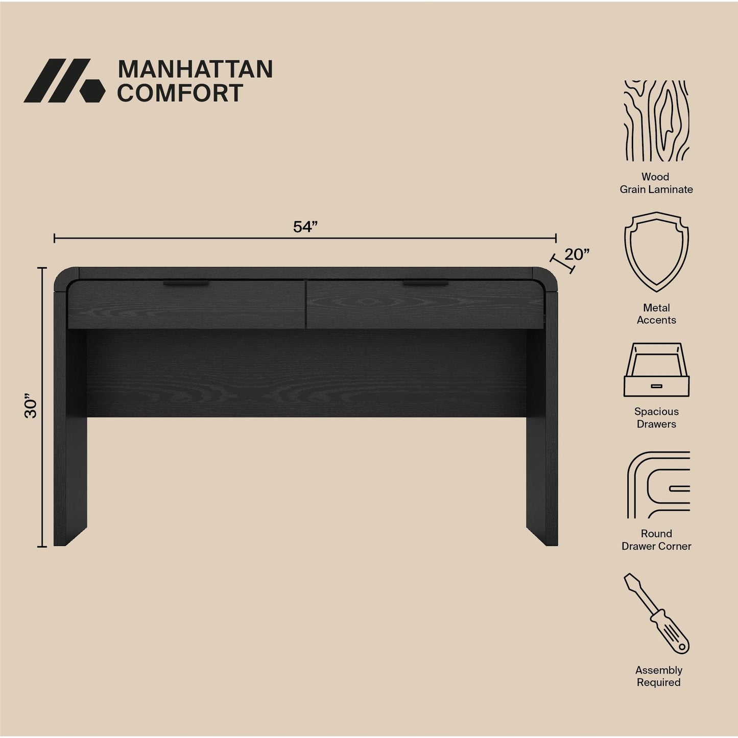 Manhattan Comfort Grace 54" Modern Office Desk with 2 Drawers, Wood Table with Metal Recessed Handles for Work from Home, Study, Craft, Stylish Executive Desk, Black